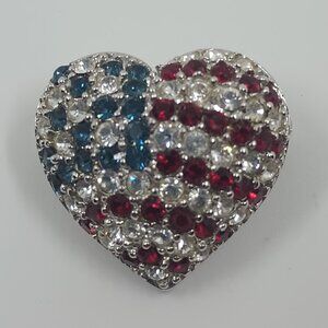 Vintage 925 Sterling Silver Crystal Flag Heart Pin.